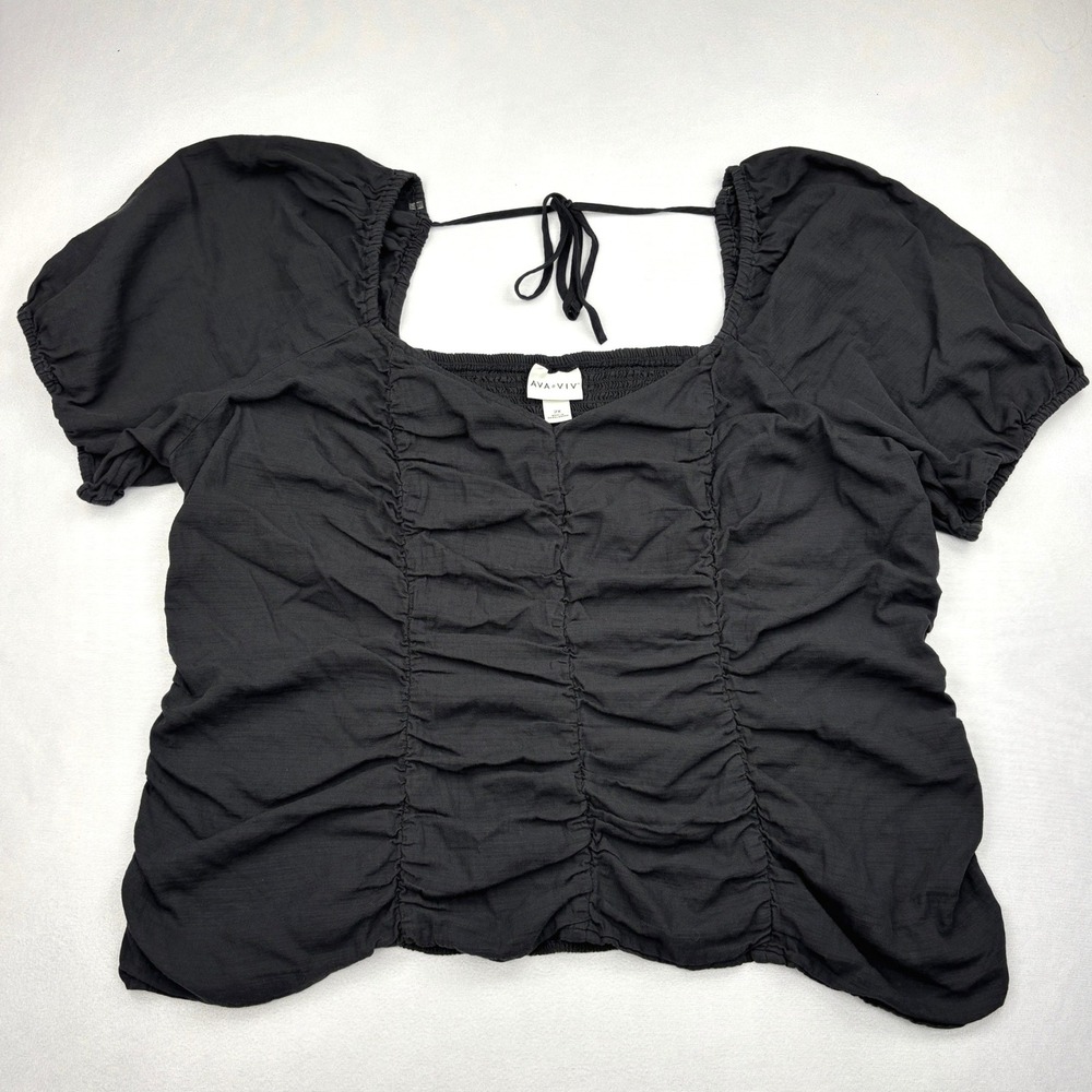 Ava & Viv Womens 2X Black Ruched Puff Sleeve Smocked Back Square Neck Top Blouse
